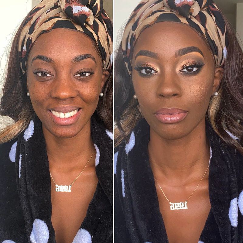 Before and after soft glam black makeup look – Deep Dark Skin – Brown Girl  – by Black Makeup Artist Jazmin Williams at Fab Faces by Jazz - District Heights, Maryland - PG County, MD