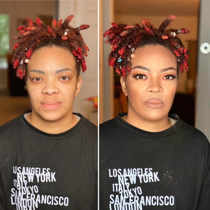 Before and after soft glam black makeup look –  Light Skin – Brown Girl  – by Black Makeup Artist Jazmin Williams at Fab Faces by Jazz - District Heights, Maryland - PG County, MD