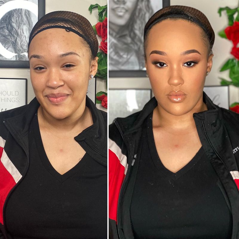 Before and after soft glam black makeup look – Light Skin – tan skin - Brown Girl  – by Black Makeup Artist Jazmin Williams at Fab Faces by Jazz - District Heights, Maryland - PG County, MD