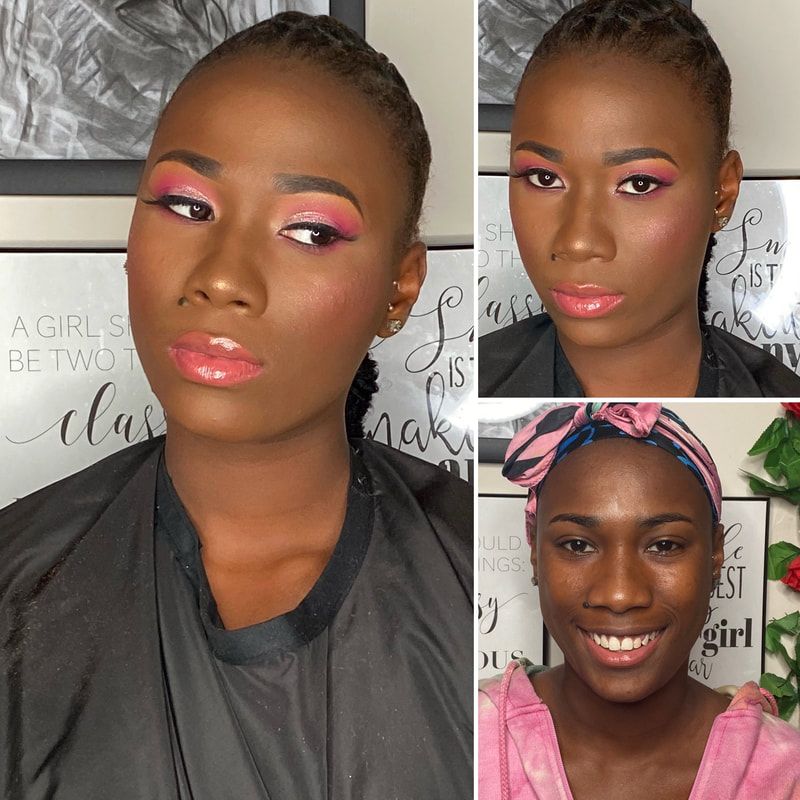 Before and after colorful full glam makeup look – Dark Skin – Brown Girl  – by Black Makeup Artist Jazmin Williams at Fab Faces by Jazz - District Heights, Maryland (MD)