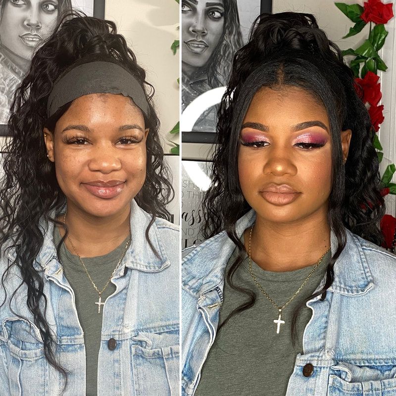 Before and after colorful full glam makeup look with half cut crease – Dark Skin – Brown Girl  – by Black Makeup Artist Jazmin Williams at Fab Faces by Jazz - District Heights, Maryland (MD)
