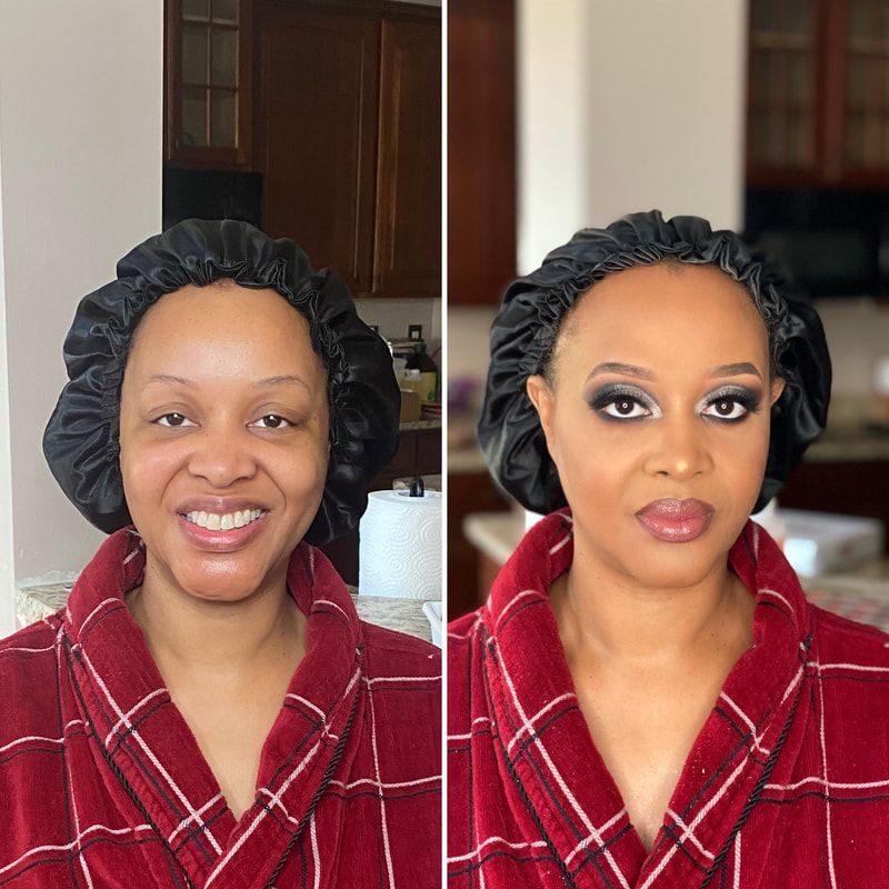 Before and after full glam makeup look with half cut crease – Light Skin – Tan Skin -Brown Girl  – by Black Makeup Artist Jazmin Williams at Fab Faces by Jazz - District Heights, Maryland - PG County, MD