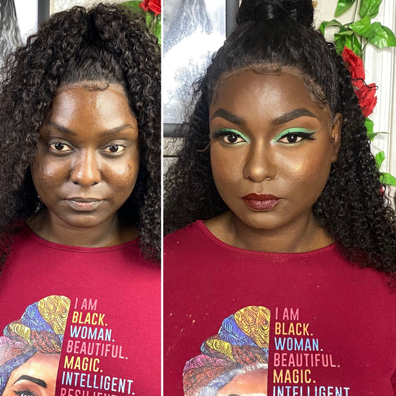 Before and after soft glam makeup look – Deep Dark Skin – Brown Girl  – by Black Makeup Artist Jazmin Williams at Fab Faces by Jazz - District Heights, Maryland - PG County, MD