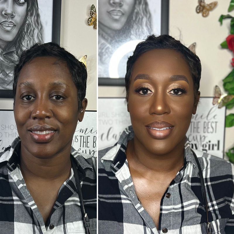Before and after sexy full glam makeup look with glitter – Dark Skin – Brown Girl  – by Black Makeup Artist Jazmin Williams at Fab Faces by Jazz - District Heights, Maryland - PG County, MD