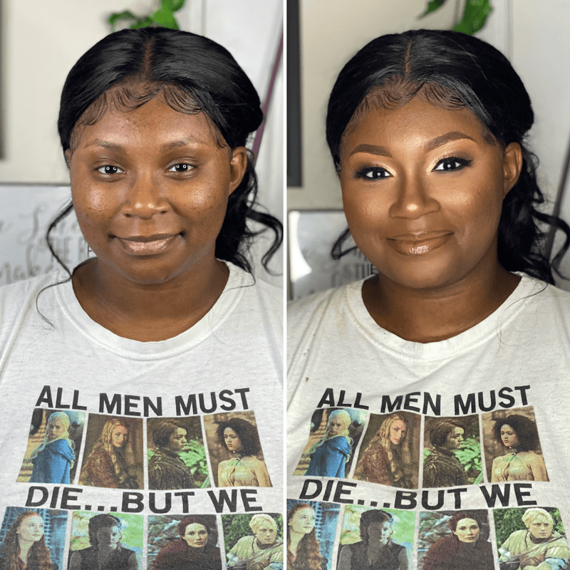 Before and after bridal black makeup look – Dark Skin – Brown Girl  – by Black Makeup Artist Jazmin Williams at Fab Faces by Jazz - District Heights, Maryland - PG County, MD