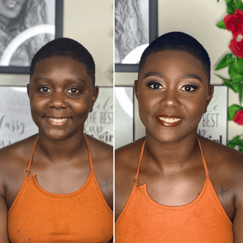 Before and after soft glam makeup look – Deep Dark Skin – Brown Girl  – by Black Makeup Artist Jazmin Williams at Fab Faces by Jazz - District Heights, Maryland (MD)