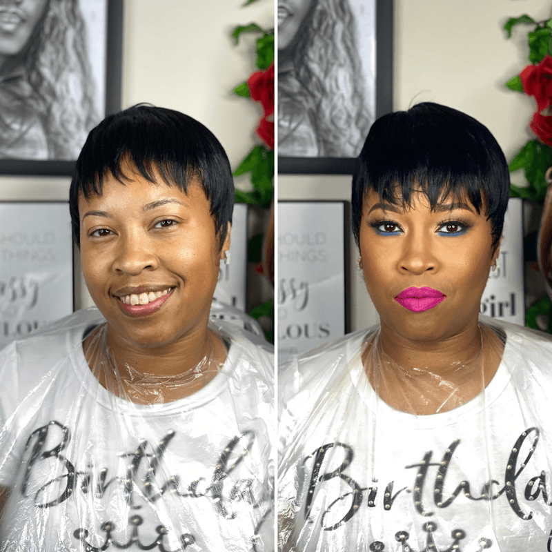 Before and after soft glam black makeup look – Light Skin – Tan Skin - Brown Girl  – by Black Makeup Artist Jazmin Williams at Fab Faces by Jazz - District Heights, Maryland - PG County, MD