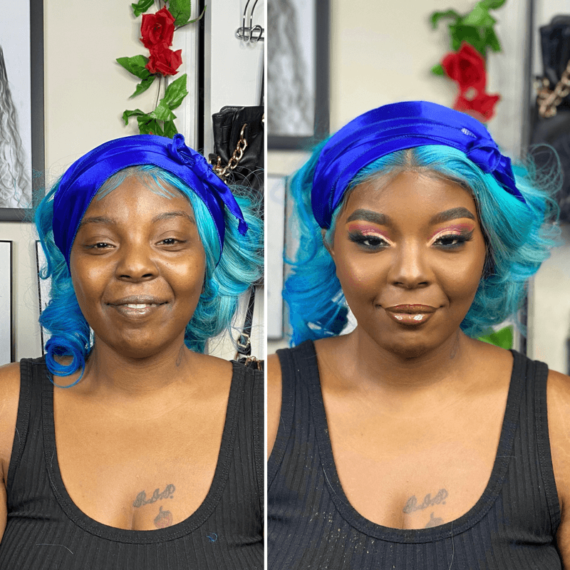 Before and after colorfu full glam makeup look with winged eyeliner and half cut crease – Deep Dark Skin – Brown Girl  – by Black Makeup Artist Jazmin Williams at Fab Faces by Jazz - District Heights, Maryland - PG County, MD