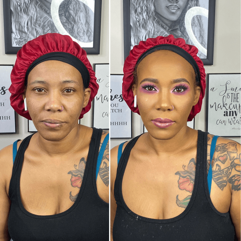 Before and after full glam makeup look - Tan Skin – Brown Girl  – by Black Makeup Artist Jazmin Williams at Fab Faces by Jazz - District Heights, Maryland - PG County, MD
