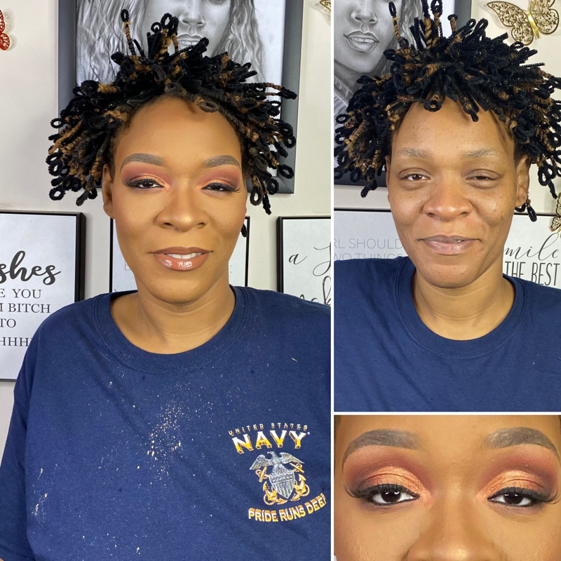 Before and after full glam makeup look with half cut crease – Dark Skin – Brown Girl  – by Black Makeup Artist Jazmin Williams at Fab Faces by Jazz - District Heights, Maryland - PG County, MD