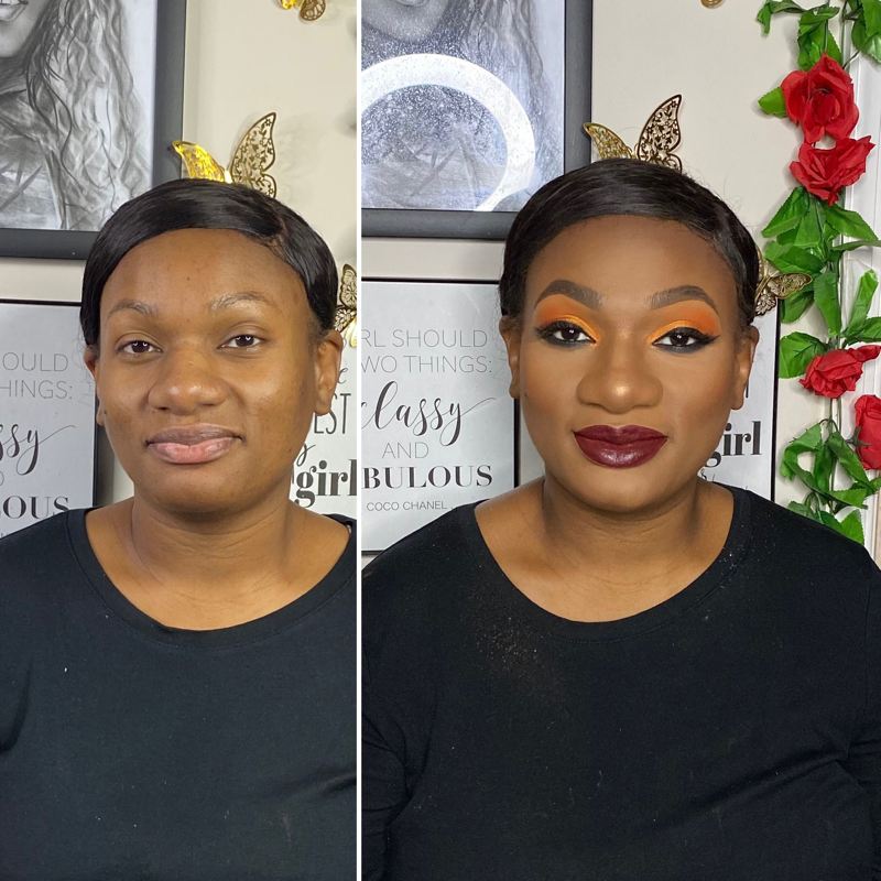 Before and after full glam makeup look – Dark Skin – Brown Girl  – by Black Makeup Artist Jazmin Williams at Fab Faces by Jazz - District Heights, Maryland - PG County, MD