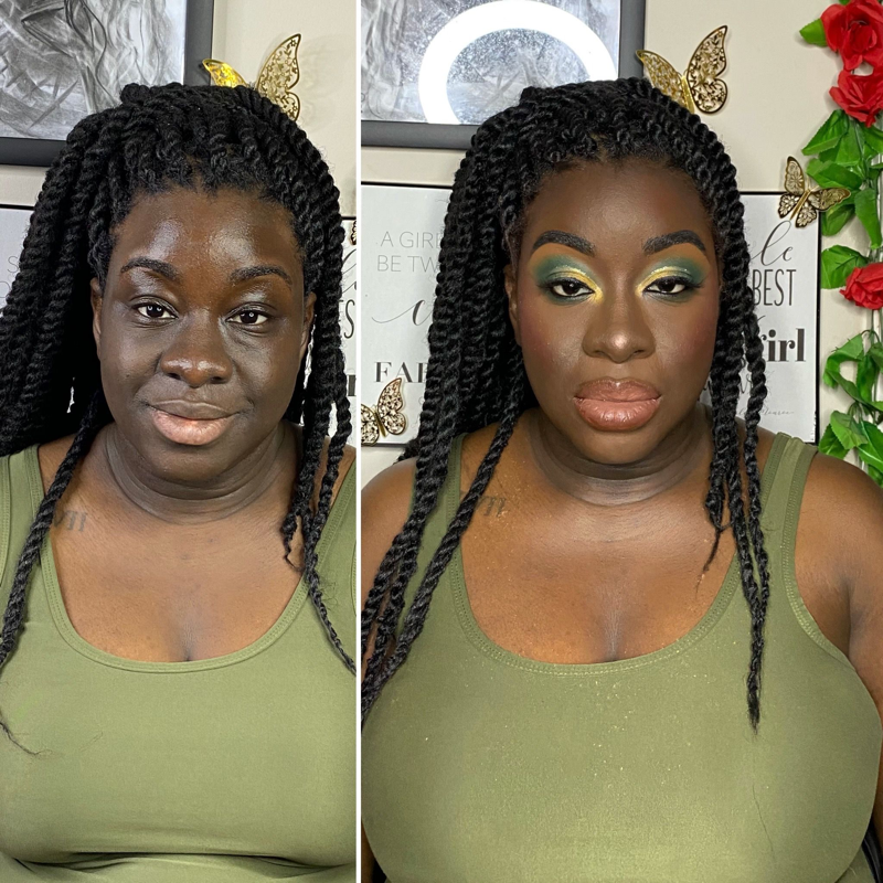 Before and after full glam makeup look – Dark Skin – Brown Girl  – by Black Makeup Artist Jazmin Williams at Fab Faces by Jazz - District Heights, Maryland - PG County, MD