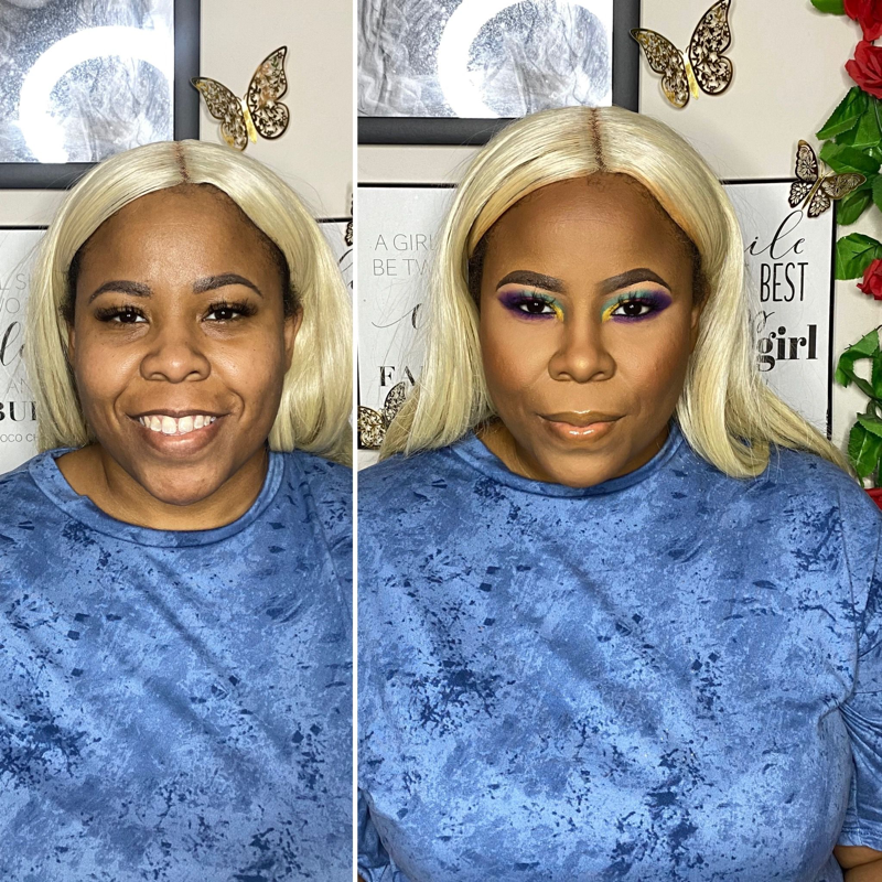 Before and after colorful full glam makeup look with half cut crease – Light Skin – Tan Skin - Brown Girl  – by Black Makeup Artist Jazmin Williams at Fab Faces by Jazz - District Heights, Maryland - PG County, MD