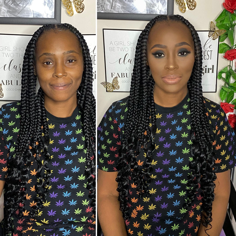 Before and after full glam makeup look with smoky eye – Dark Skin – Brown Girl  – by Black Makeup Artist Jazmin Williams at Fab Faces by Jazz - District Heights, Maryland - PG County, MD
