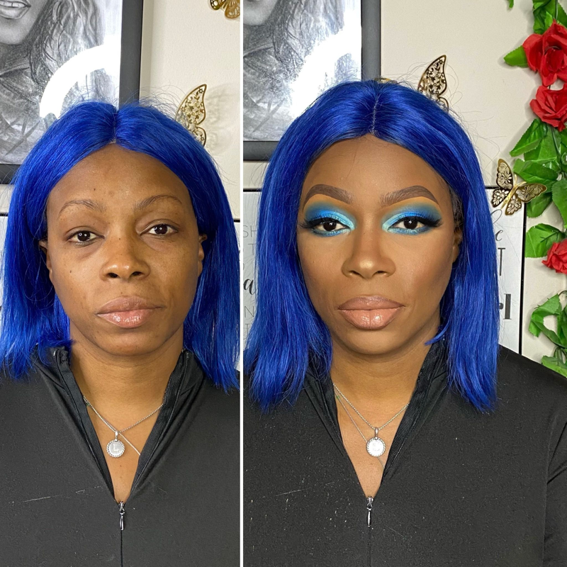 Before and after colorful full glam makeup look – Dark Skin – Brown Girl  – by Black Makeup Artist Jazmin Williams at Fab Faces by Jazz - District Heights, Maryland - PG County, MD