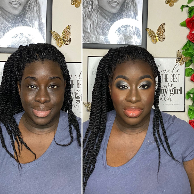 Before and after full glam makeup look – Deep Dark Skin – Brown Girl  – by Black Makeup Artist Jazmin Williams at Fab Faces by Jazz - District Heights, Maryland - PG County, MD