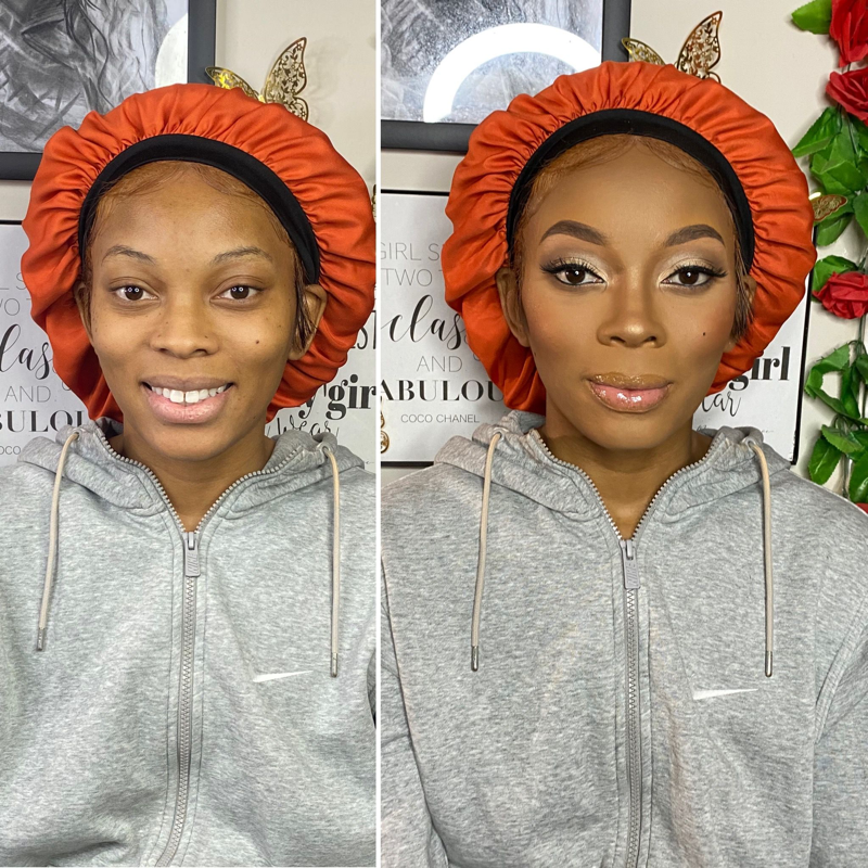 Before and after soft glam black makeup look – Tan Skin – Light Skin - Brown Girl  – by Black Makeup Artist Jazmin Williams at Fab Faces by Jazz - District Heights, Maryland - PG County, MD