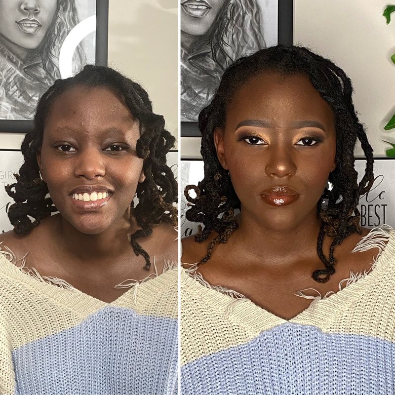 Before and after soft glam black makeup look – Deep Dark Skin – Brown Girl  – by Black Makeup Artist Jazmin Williams at Fab Faces by Jazz - District Heights, Maryland - PG County, MD