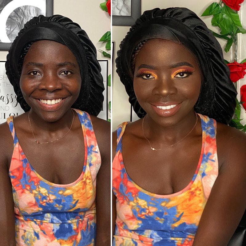 Before and after full glam makeup look with half cut crease – Deep Dark Skin – Brown Girl  – by Black Makeup Artist Jazmin Williams at Fab Faces by Jazz - District Heights, Maryland - PG County, MD