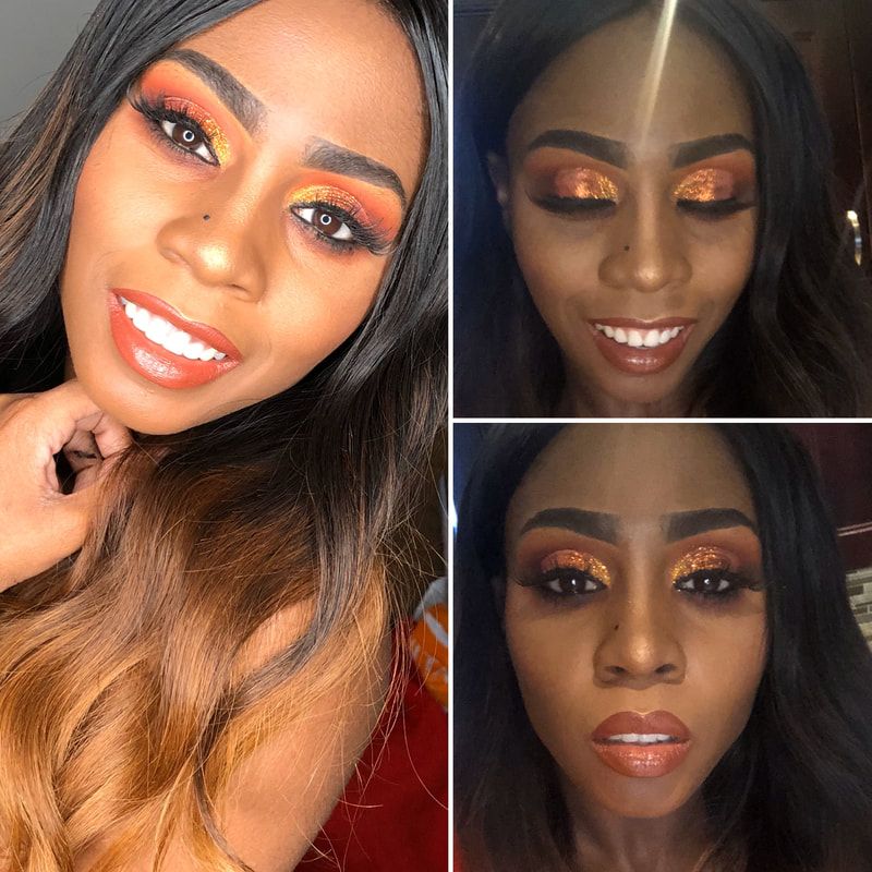 Before and after full glam makeup look with half cut crease and glitter – Dark Skin – Brown Girl  – by Black Makeup Artist Jazmin Williams at Fab Faces by Jazz - District Heights, Maryland - PG County, MD