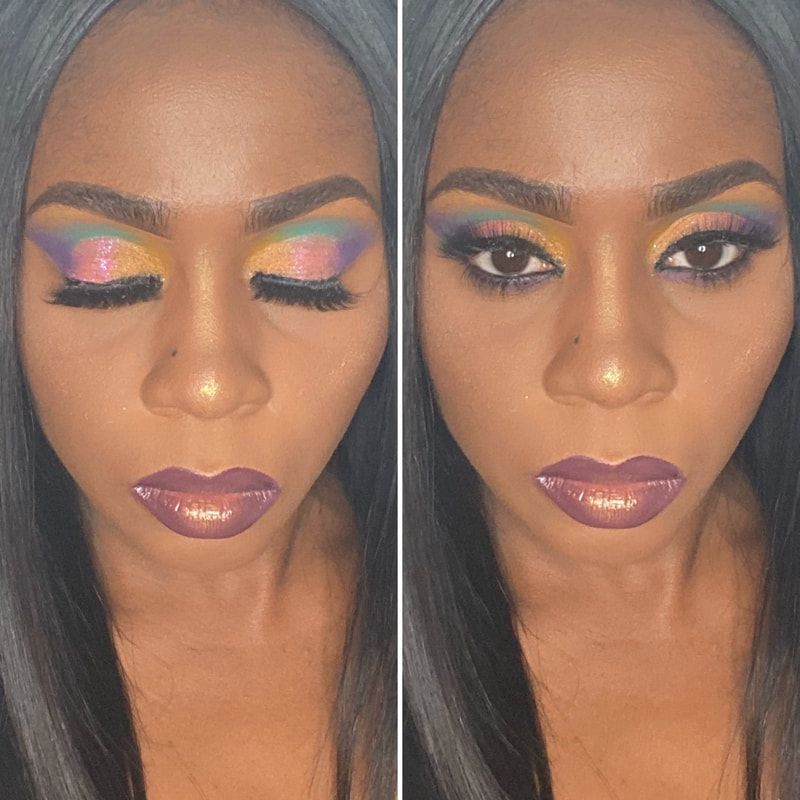 Before and after colorful full glam makeup look with half cut crease – Dark Skin – Brown Girl  – by Black Makeup Artist Jazmin Williams at Fab Faces by Jazz - District Heights, Maryland (MD)