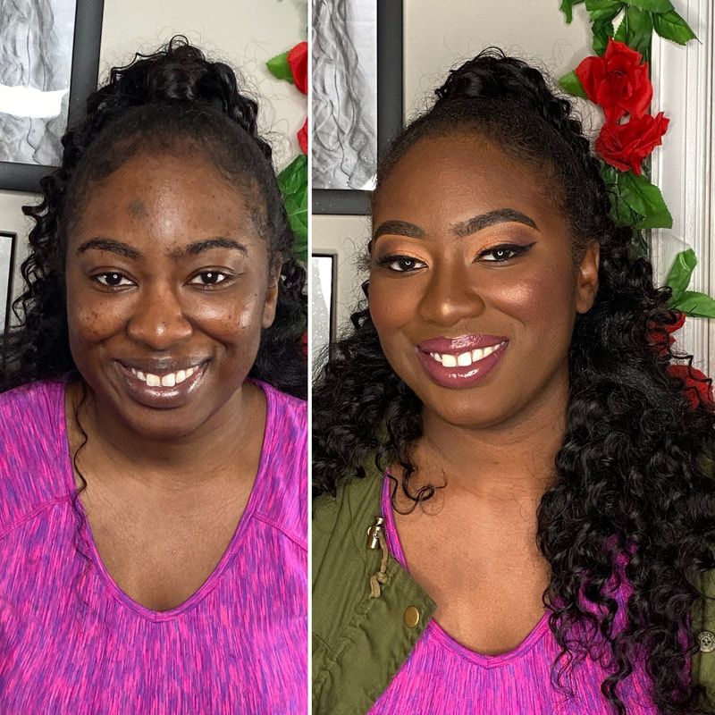 Before and after full glam makeup look with half cut crease – Deep Dark Skin – Brown Girl  – by Black Makeup Artist Jazmin Williams at Fab Faces by Jazz - District Heights, Maryland (MD)