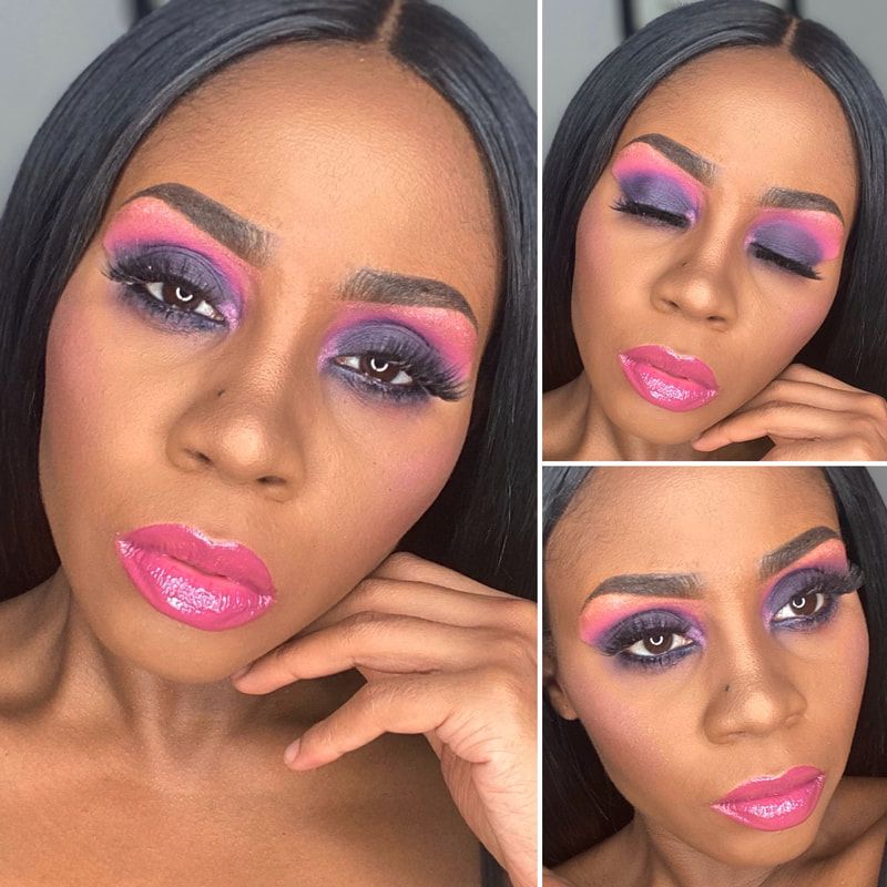 Before and after colorful full glam makeup look with half cut crease – Dark Skin – Brown Girl  – by Black Makeup Artist Jazmin Williams at Fab Faces by Jazz - District Heights, Maryland - PG County, MD