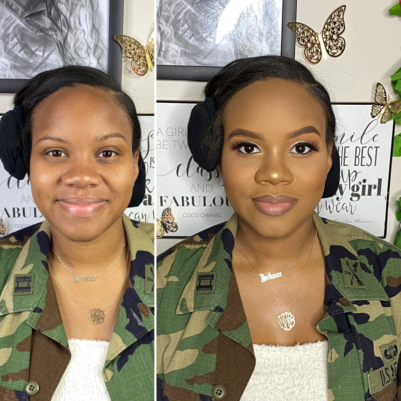 Before and after soft glam with winged eyeliner black makeup look – Dark Skin – Brown Girl  – by Black Makeup Artist Jazmin Williams at Fab Faces by Jazz - District Heights, Maryland - PG County, MD
