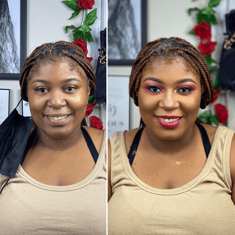 Before and after full glam makeup look with half cut crease – Dark Skin – Brown Girl  – by Black Makeup Artist Jazmin Williams at Fab Faces by Jazz - District Heights, Maryland - PG County, MD