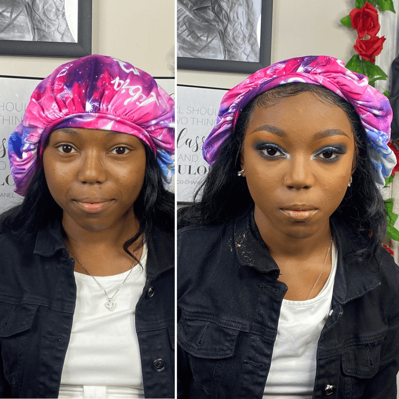 Before and after full glam makeup look with half cut crease – Dark Skin – Brown Girl  – by Black Makeup Artist Jazmin Williams at Fab Faces by Jazz - District Heights, Maryland (MD)