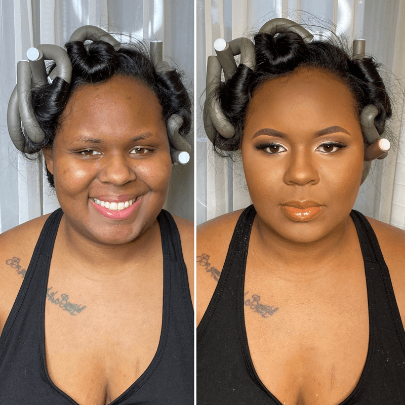 Before and after bridal black makeup look – Dark Skin – Brown Girl  – by Black Makeup Artist Jazmin Williams at Fab Faces by Jazz - District Heights, Maryland - PG County, MD