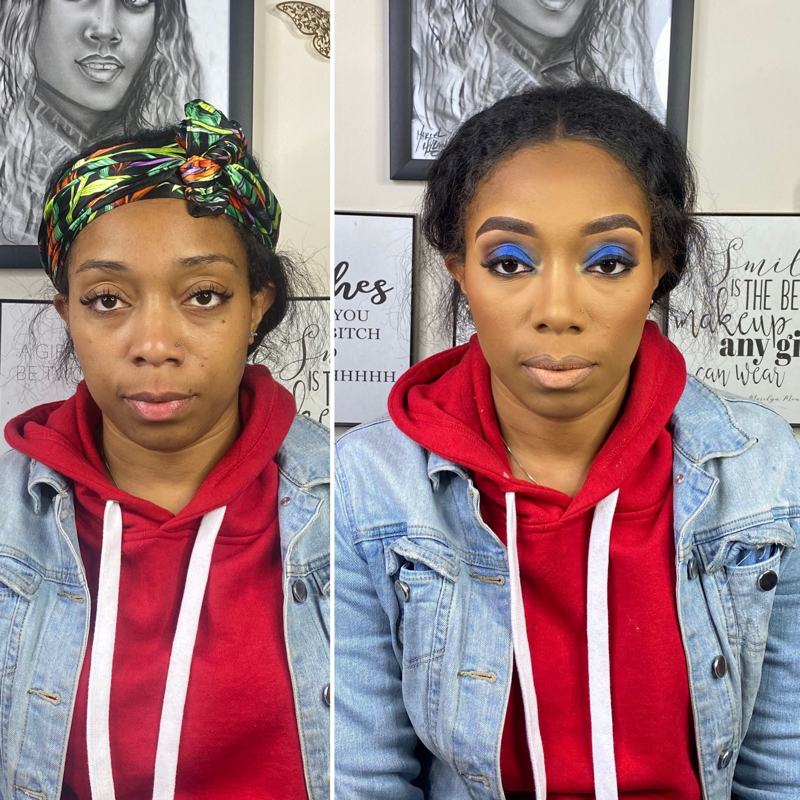 Before and after glam black makeup look – Tan Skin – Brown Girl  – by Black Makeup Artist Jazmin Williams at Fab Faces by Jazz - District Heights, Maryland - PG County, MD