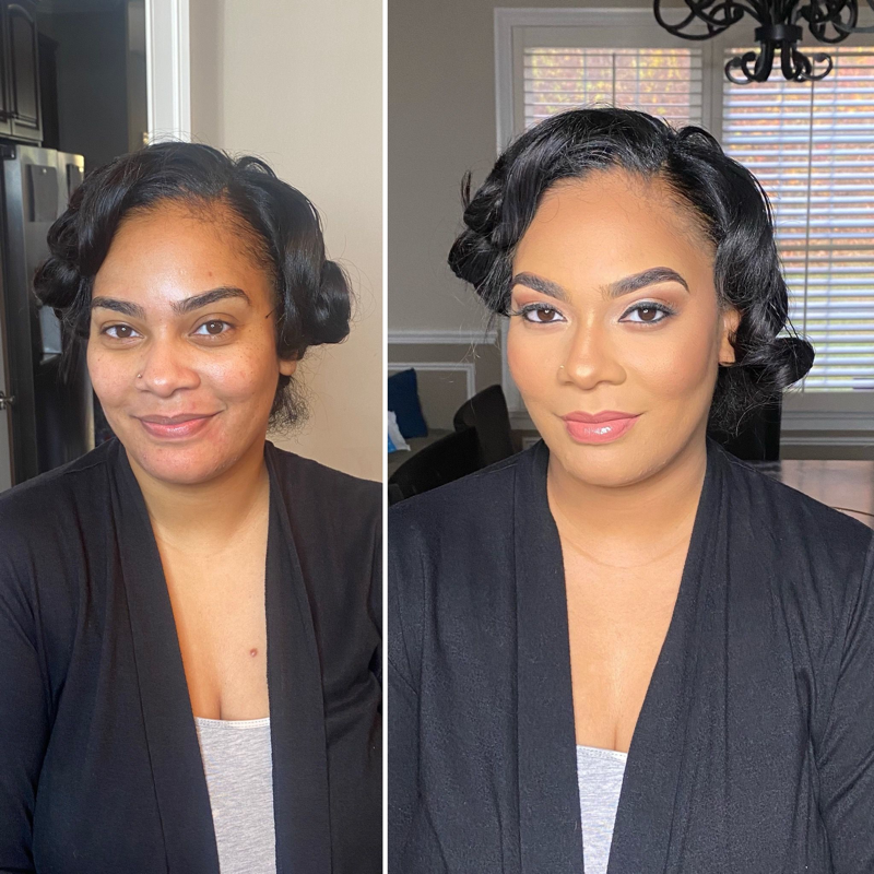Before and after soft glam black makeup look – Light Skin – by Black Makeup Artist Jazmin Williams at Fab Faces by Jazz - District Heights, Maryland - PG County, MD
