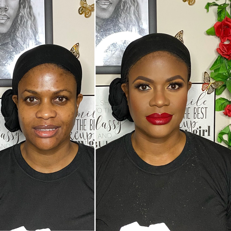 Before and after soft glam black makeup look – Dark Skin – Brown Girl  – by Black Makeup Artist Jazmin Williams at Fab Faces by Jazz - District Heights, Maryland - PG County, MD