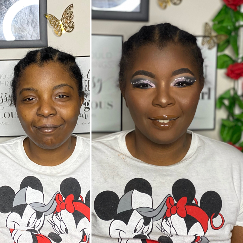 Before and after sexy fun full glam makeup look with full cut crease – Dark Skin – Brown Girl  – by Black Makeup Artist Jazmin Williams at Fab Faces by Jazz - District Heights, Maryland - PG County, MD